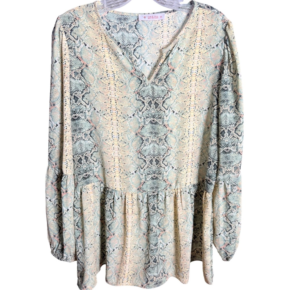 Izzy & Lola McQueeny Blouse Womens Medium Green Yellow Snakeskin Peplum Boho